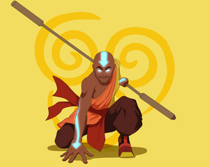 "Personalised Avatar The Last Airbender portrait" of a man drawn as Aang, kneeling in a battle pose with a yellow background.