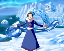 Load image into Gallery viewer, A woman with brown hair, dressed as waterbender, standing in front of an ice castle in a custom Avatar The last airbender picture.
