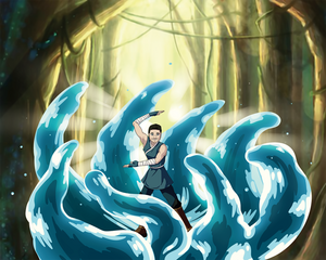 Avatar personal portrait of a man, wearing a blue outfit, bending water in the middle of a forest.