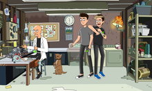 Load image into Gallery viewer, Rick and Morty custom picture with a  bald man drawn as rick and two kids dressed as Morty, both holding portal guns, and a dog standing looking at the man in a garage.
