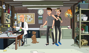 Rick and Morty custom picture with a  bald man drawn as rick and two kids dressed as Morty, both holding portal guns, and a dog standing looking at the man in a garage.