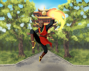 Customised Avatar portrait of a man posing with both his legs up in the air, bending fire in front of the fire nation building.