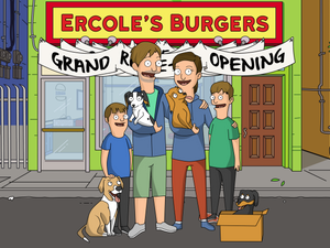 bob's burger artwork with a couple holding dogs, kids smiling, 1 dog sitting on the ground and another sitting in a box, all standing together outside the restaurant.
