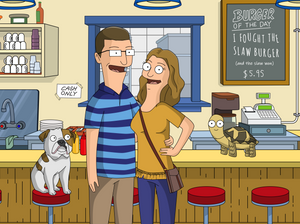 personalized bob's burgers portrait with a man wearing glasses, his hands wrapped around woman's waist who is carrying a sling bag, dog sitting on stool and a turtle on the counter.