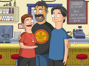 custom bob's burgers family portrait, 3 people standing in front of the counter, having their arms around each other 