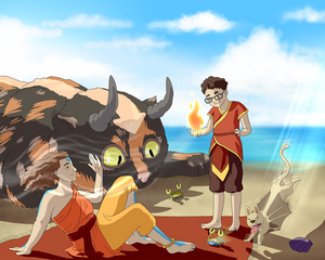 Avatar style portrait of a man teaching a boy the art of fire bending with a cat drawn as appa looking at a crab on a beach.