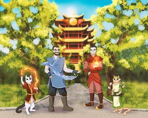 Avatar style family portrait- 2 men wearing specs are bending water and fire while 2 cats on the sides are bending fire and earth outside the fire nation building.