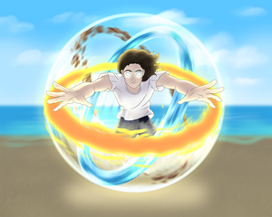 A woman in an avatar state with glowing eyes bending all the elements together in this personalised avatar portrait.