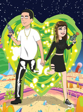 Load image into Gallery viewer, A couple is stepping out of a heart portal, man wearing a white shirt with black skeleton pants and a gold cross necklace and the woman wearing a black co-ord set, having bangs and winking in a Custom Rick and Morty drawing.
