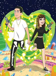 A couple is stepping out of a heart portal, man wearing a white shirt with black skeleton pants and a gold cross necklace and the woman wearing a black co-ord set, having bangs and winking in a Custom Rick and Morty drawing.