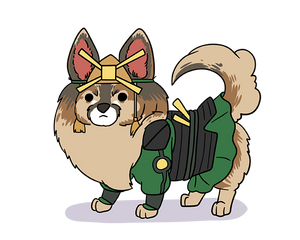 A corgi dressed in an earthbender outfit standing and looking in the front in this Avatar style portrait.