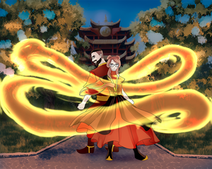 A man and a woman inside a fire ring, standing in front of the fire nation building in this Avatar style couples portrait.