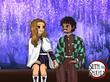 Load image into Gallery viewer, Couple drawn as Kanao and Tanjiro, holding hands and sitting in front of purple trees in a Custom Demon Slayer Portrait.
