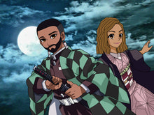Load image into Gallery viewer,   Custom Demon Slayer portrait of a couple drawn as tanjiro and nezuko, with a beautiful setting of moon and sky in the background.
