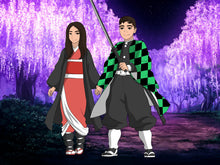 Load image into Gallery viewer, A couple, holding hands, standing in front of purple trees and dressed as Tanjiro and Zenitsu in this Demon Slayer Couple Portrait.
