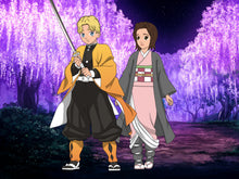 Load image into Gallery viewer, Demon Slayer Personalized Art of a boy and girl in a beautiful forest with purple trees and the guy posing with a sword.
