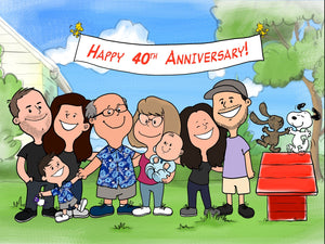Custom "Peanuts comics" based family portrait including snoopy at the back and woodstocks holding a banner that says "Happy 40th Anniversary".