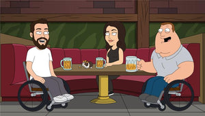 Family guy portrait of a couple having beers, and a mouse sitting on the table with a small beer mug and Joe Swanson sitting along with them and looking at the guy.