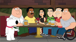 family guy personalised art of 3 people chilling in The Drunken Clam, enjoying drinks with characters from the show.