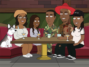 Family guy custom drawing of 5 humans and a dog, sitting in the drunken clam, having drinks together.