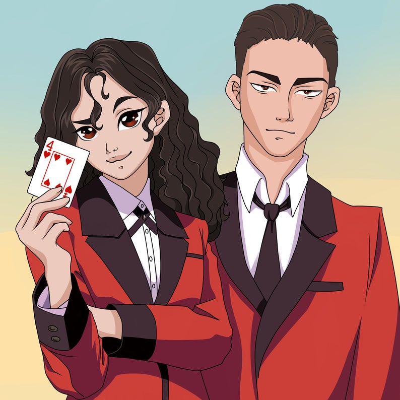 Custom Anime style portrait of a boy and a girl wearing similar red suits, girl showing a 4 of hearts while the man having a serious look on his face.